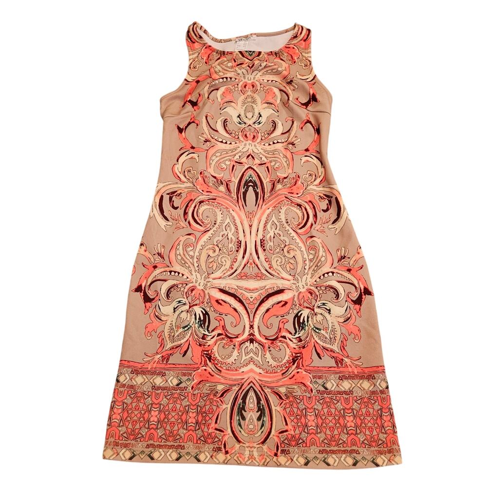 VENUS Women’s Small Paisley Print Sleeveless Sheath Midi Dress Coral Tan